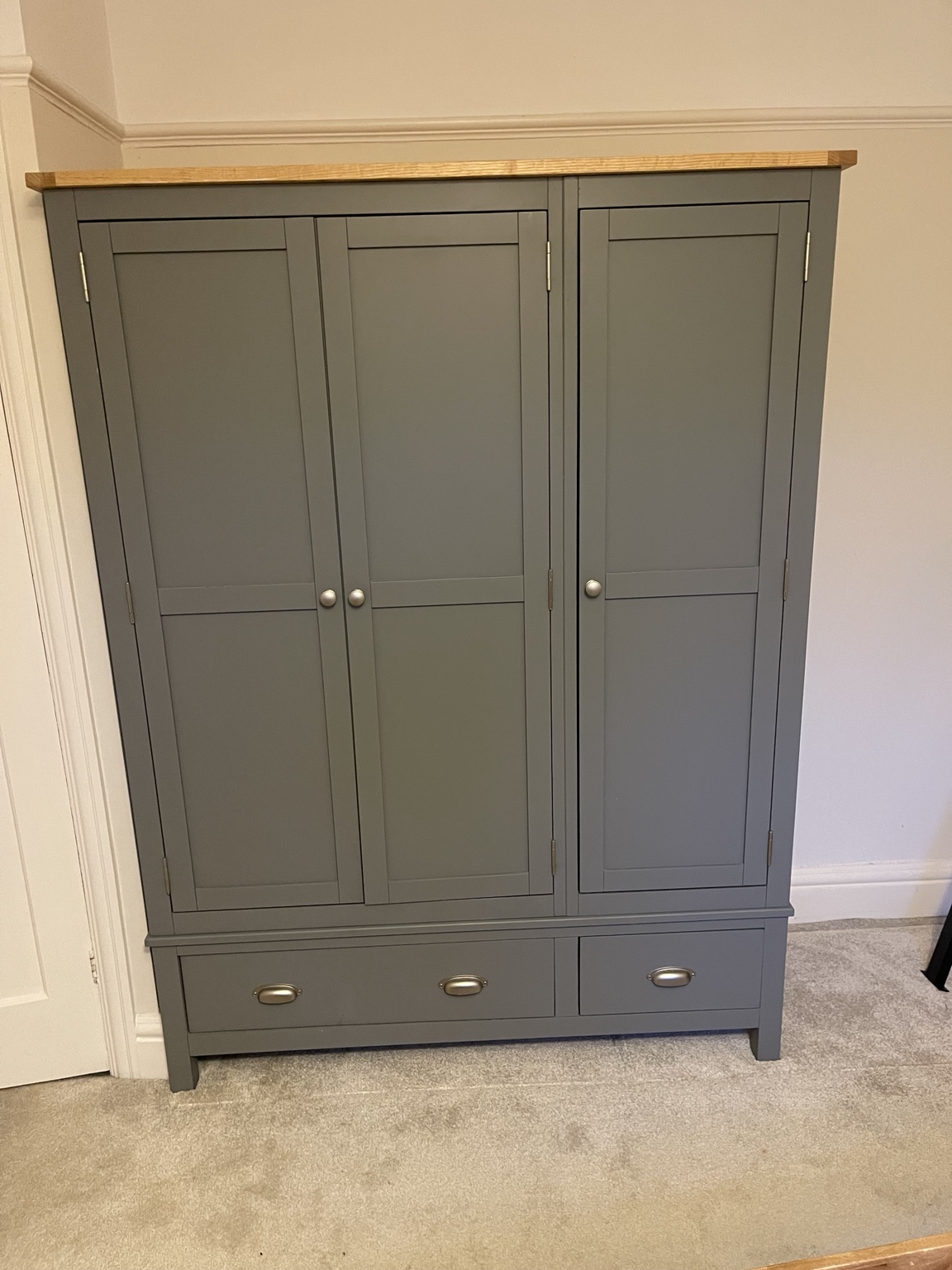 Reassembled grey Cotswold triple wardrobe with two drawers